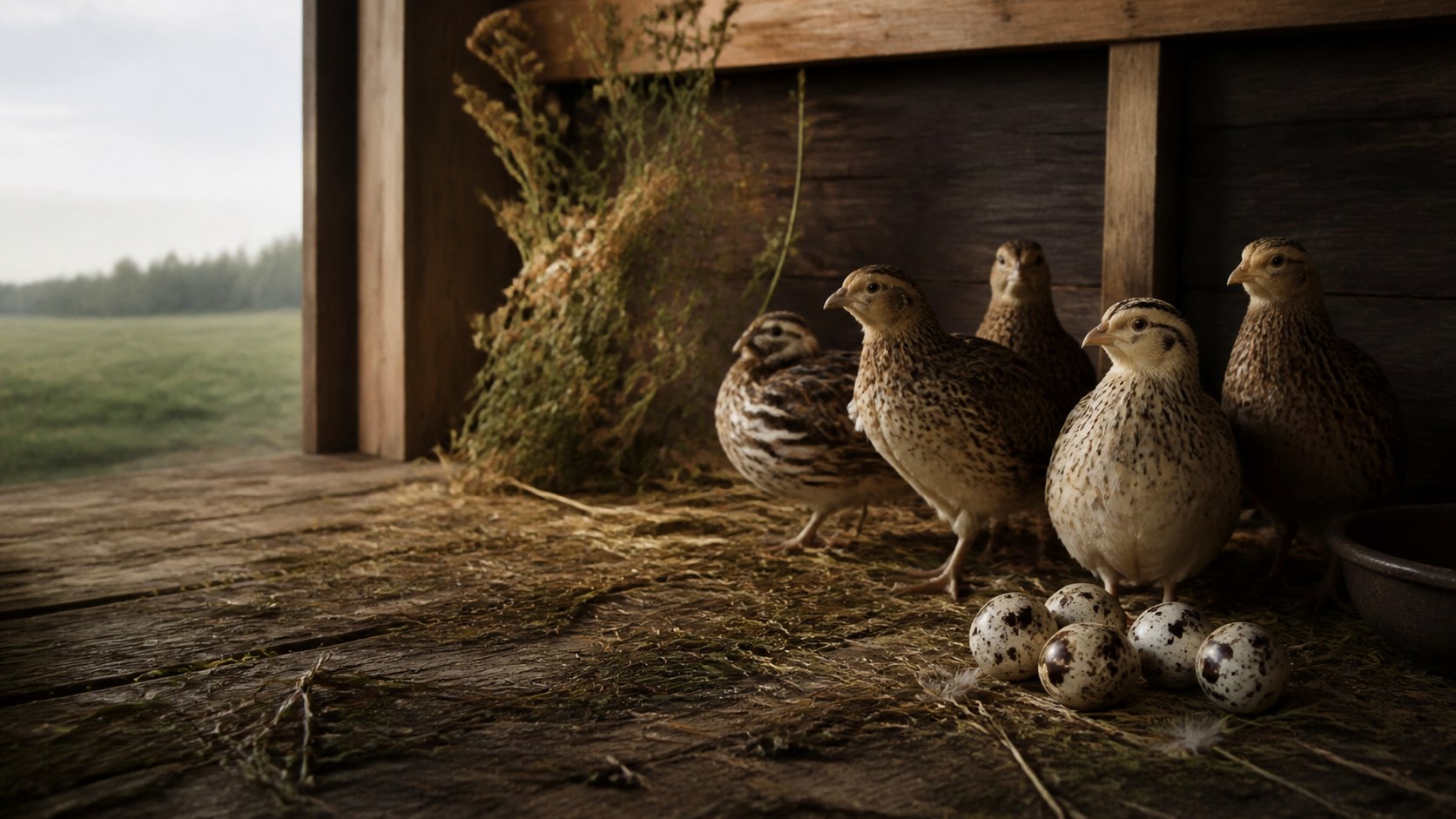 Vaktlar och spräckliga vaktelägg i varm morgonsol